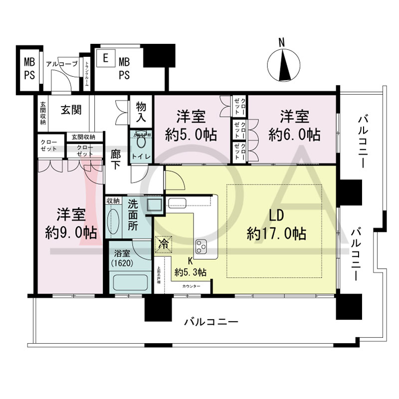 エルザグレース堀江タワーの間取り図 南東向き角 3LDK 専有面積93.59m2
バルコニー面積37.09m2