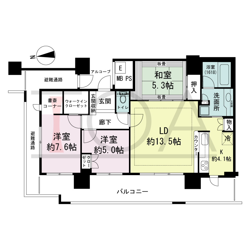 エルザグレース堀江タワーの間取り図 西向き角 3LDK+WIC 専有面積80.06m2
バルコニー面積20.71m2