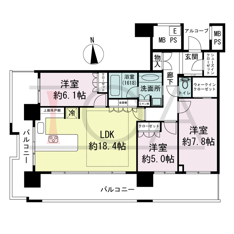 エルザグレース堀江タワーの間取り図 南西向き角 3LDK+WIC+SIC 専有面積85.99m2
バルコニー面積33.95m2