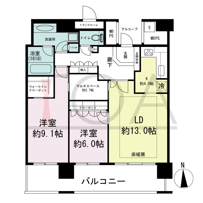 エルザグレース堀江タワーの間取り図 南向き 2LDK+WIC 専有面積84.77m2
バルコニー面積16.74m2