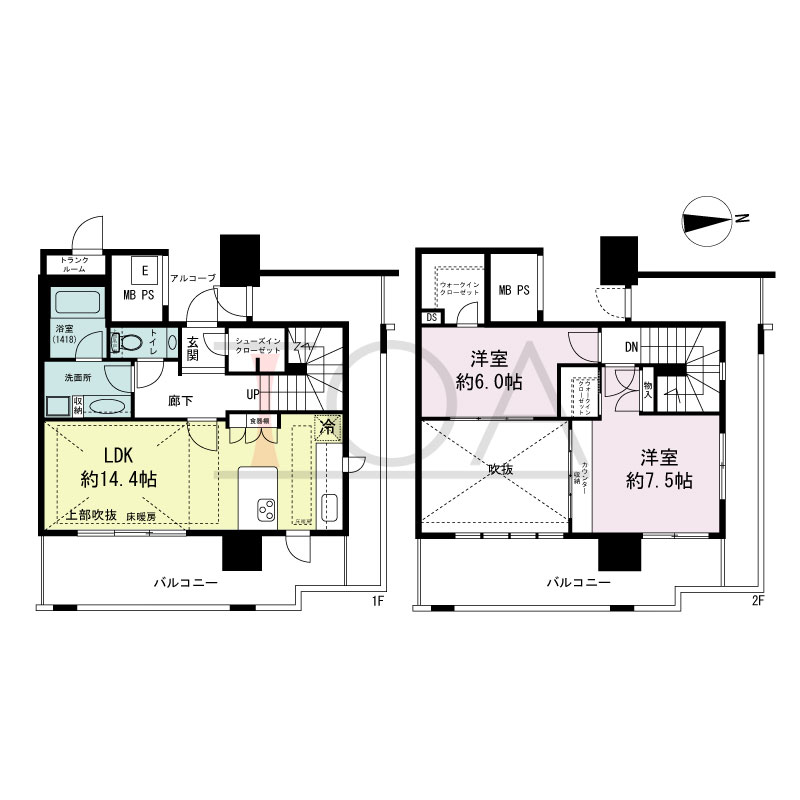 エルザグレース堀江タワーの間取り図 東向き 2LDK+WIC+SIC 専有面積80.07m2
バルコニー面積26.12m2