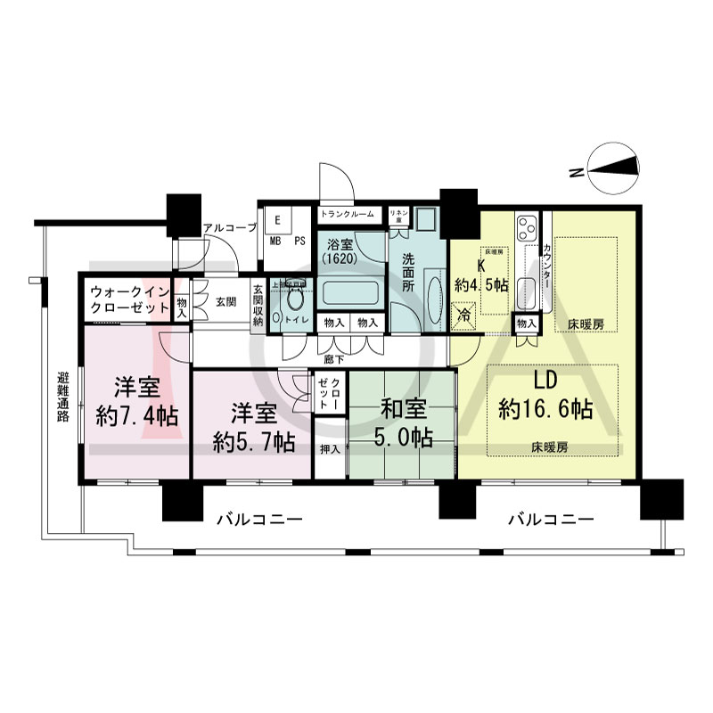 エルザグレース堀江タワーの間取り図 西向き角 3LDK+WIC 専有面積93.88m2
バルコニー面積25.75m2