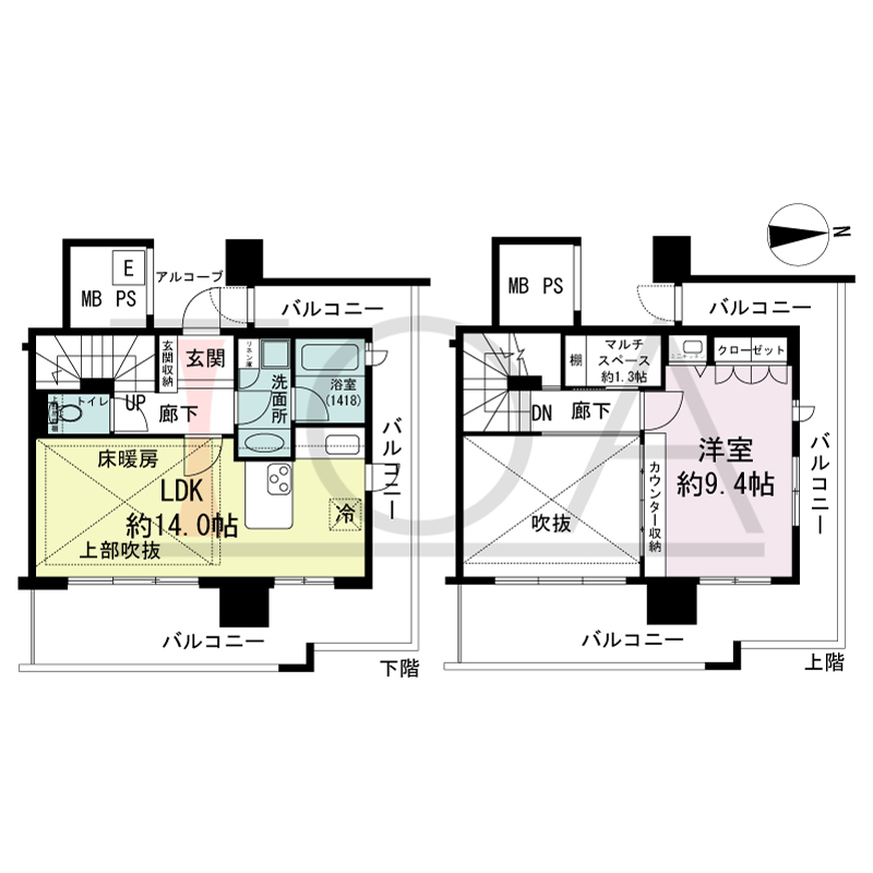 エルザグレース堀江タワーの間取り図 東向き角 1LDK 専有面積66.06m2
バルコニー面積43.32m2