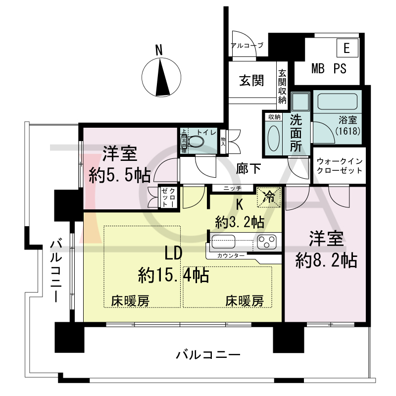 エルザグレース堀江タワーの間取り図 南東向き角 2LDK+WIC 専有面積74.65m2
バルコニー面積30.26m2