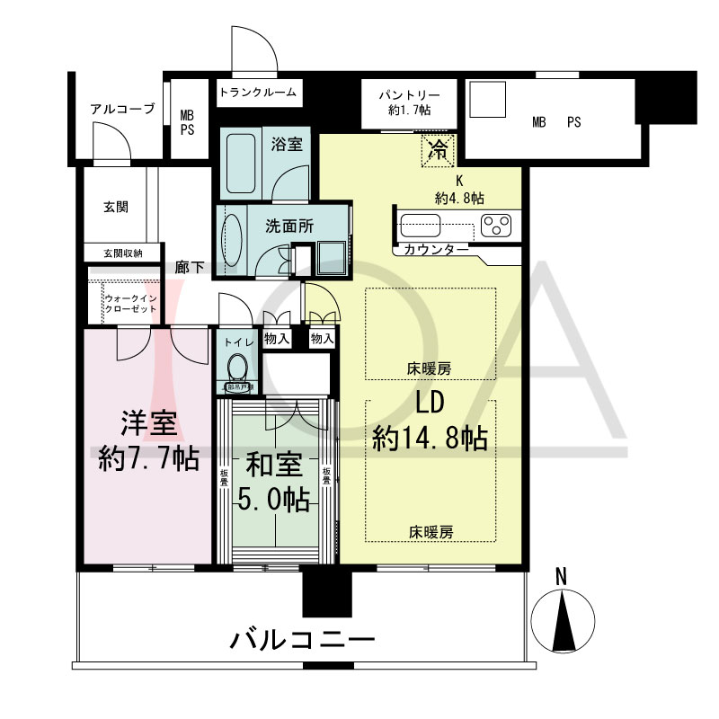 エルザグレース堀江タワーの間取り図 南向き 2LDK+WIC 専有面積77.94m2
バルコニー面積15.66m2
