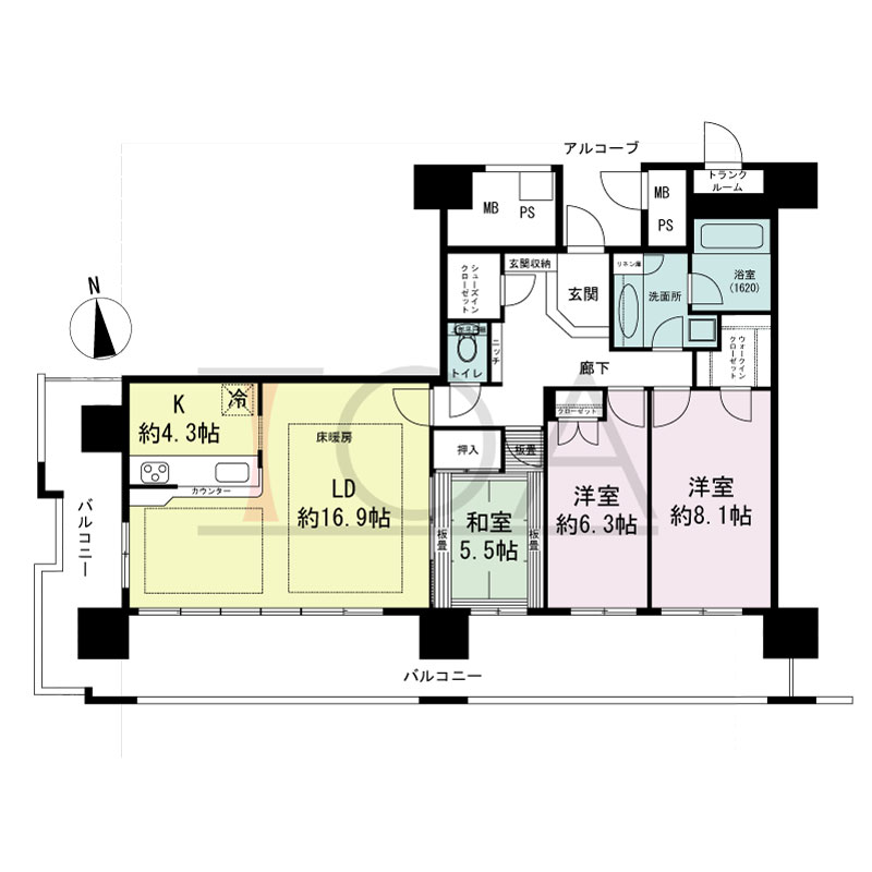 エルザグレース堀江タワーの間取り図 南西向き角 3LDK+WIC+SIC 専有面積97.15m2
バルコニー面積37.32m2