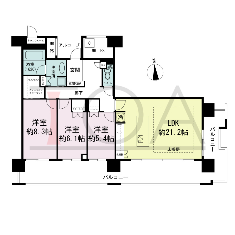 エルザグレース堀江タワーの間取り図 南東向き角 3LDK+WIC 専有面積96.25m2
バルコニー面積35.39m2