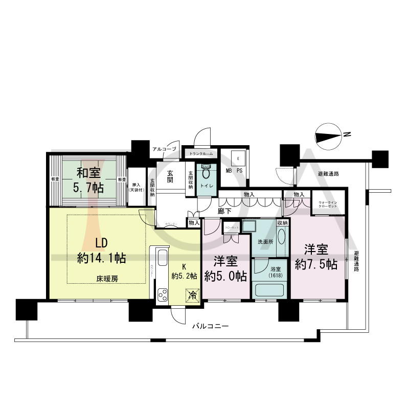 エルザグレース堀江タワーの間取り図 東向き角 3LDK+WIC 専有面積90.17m2
バルコニー面積24.83m2