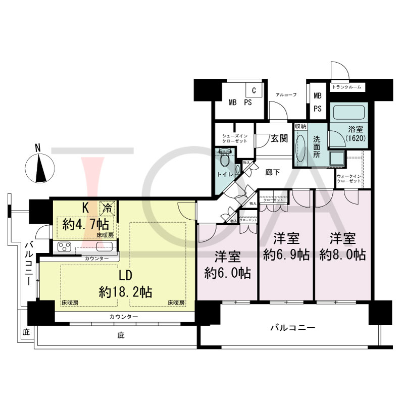 エルザグレース堀江タワーの間取り図 南向き角 3LDK+WIC+SIC 専有面積100.36m2
バルコニー面積18.97m2
