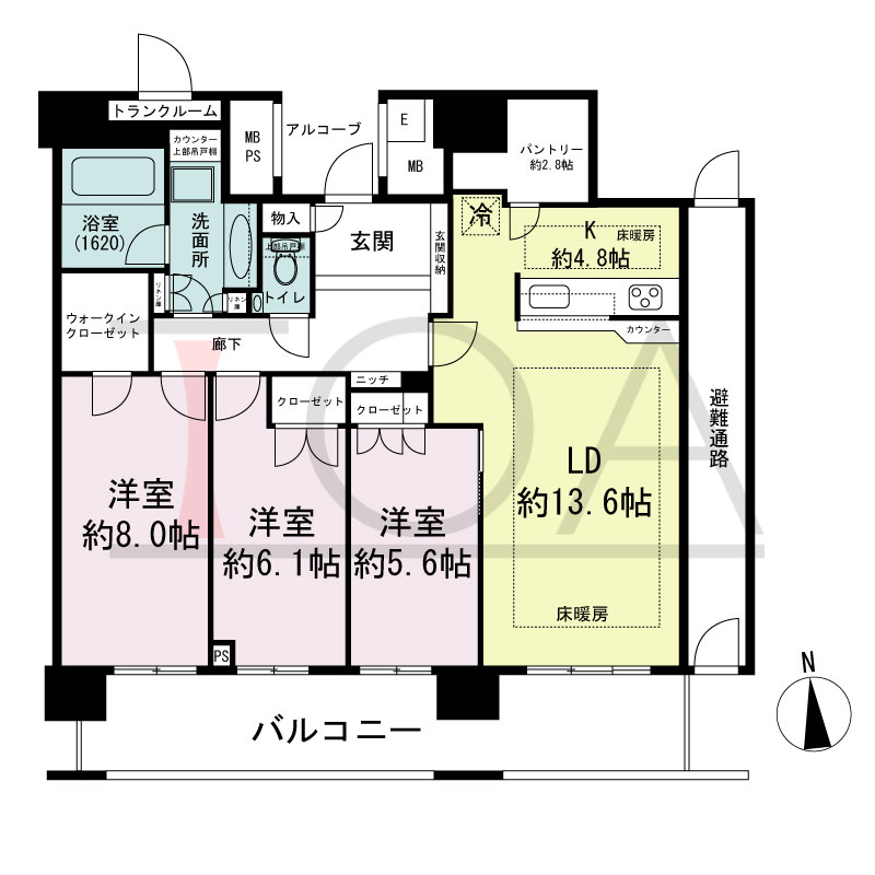 エルザグレース堀江タワーの間取り図 南向き 3LDK+WIC 専有面積94.02m2
バルコニー面積18.54m2