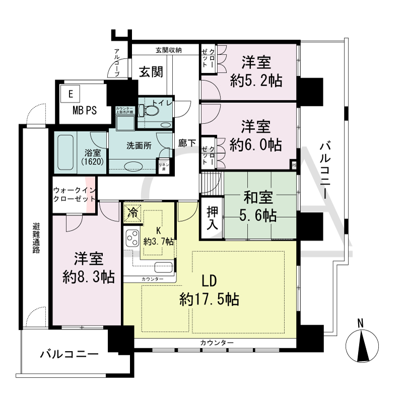 エルザグレース堀江タワーの間取り図 南東向き角 4LDK+WIC 専有面積106.91m2
バルコニー面積26.33m2