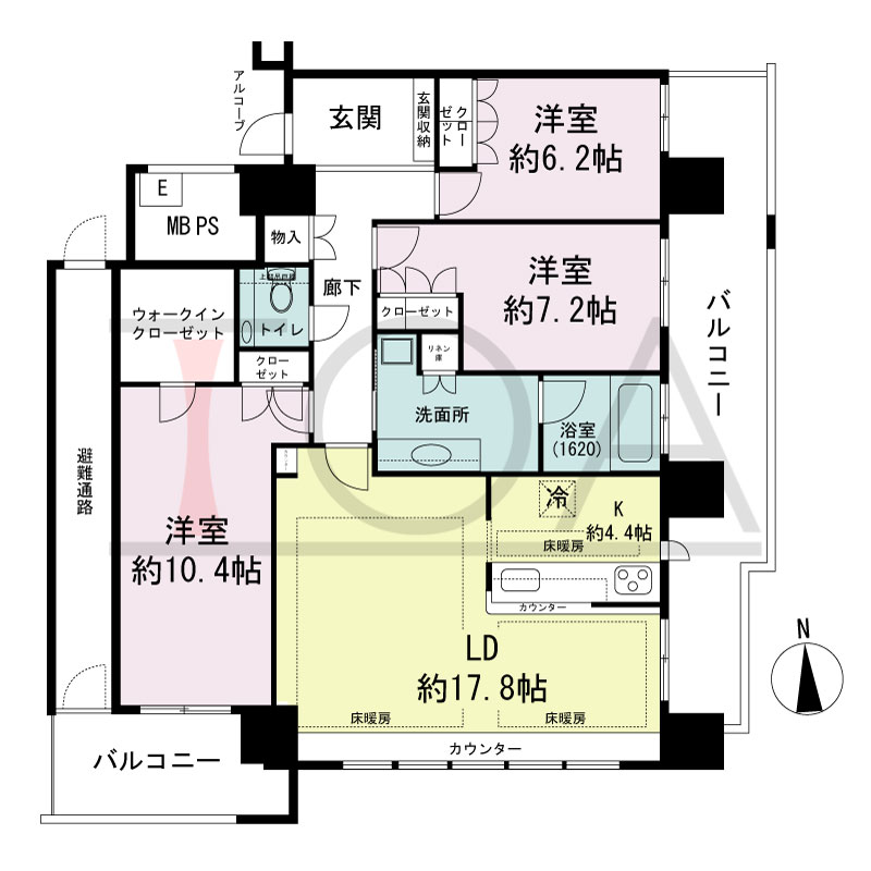 エルザグレース堀江タワーの間取り図 南向き 3LDK+WIC 専有面積106.91m2
バルコニー面積26.33m2