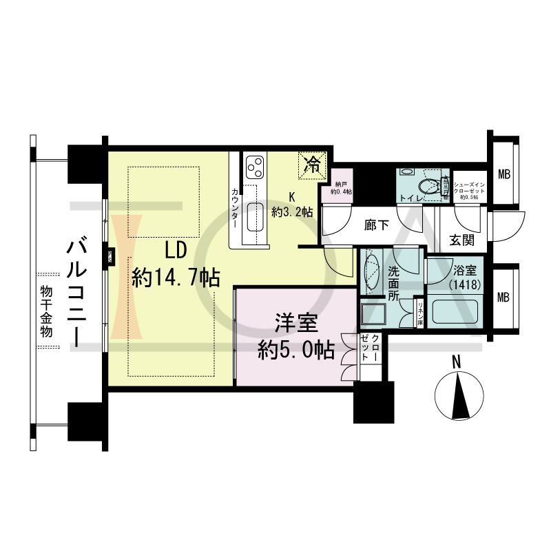 ヴィークタワー南堀江の間取り図 西向き 1LDK+SIC 専有面積54.53m2
バルコニー面積12.06m2