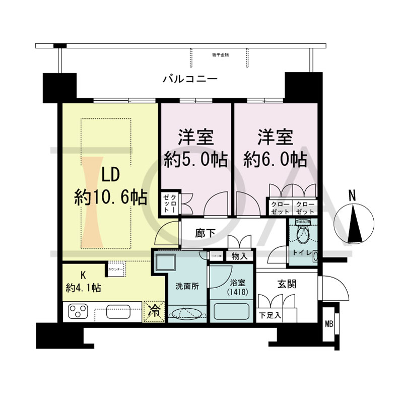 ヴィークタワー南堀江の間取り図 北向き 2LDK 専有面積60.48m2
バルコニー面積14.47m2