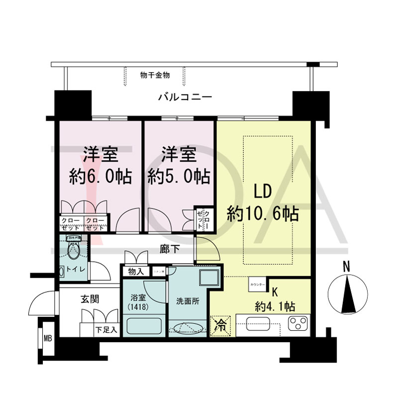 ヴィークタワー南堀江の間取り図 北向き 2LDK 専有面積60.48m2
バルコニー面積14.47m2