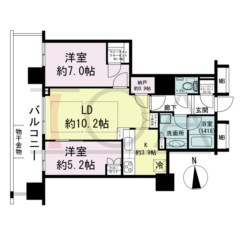 ヴィークタワー南堀江の間取り図 西向き 2LDK+WIC+SIC 専有面積61.74m2
バルコニー面積16.25m2