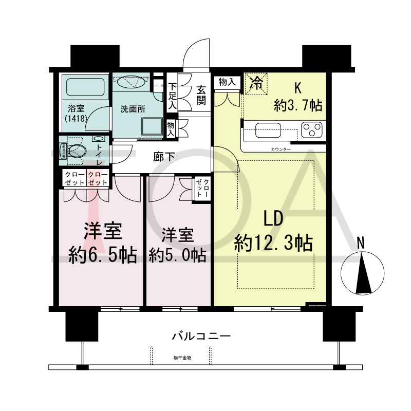 ヴィークタワー南堀江の間取り図 南向き 2LDK 専有面積62.16m2
バルコニー面積14.22m2