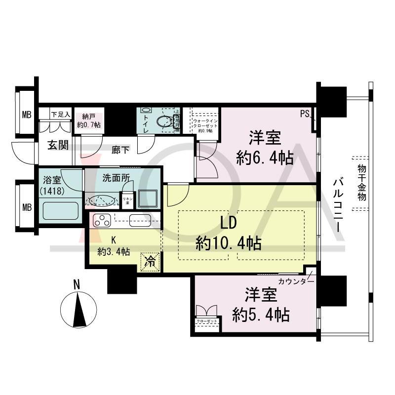 ヴィークタワー南堀江の間取り図 東向き 2LDK+WIC 専有面積63.71m2
バルコニー面積14.60m2