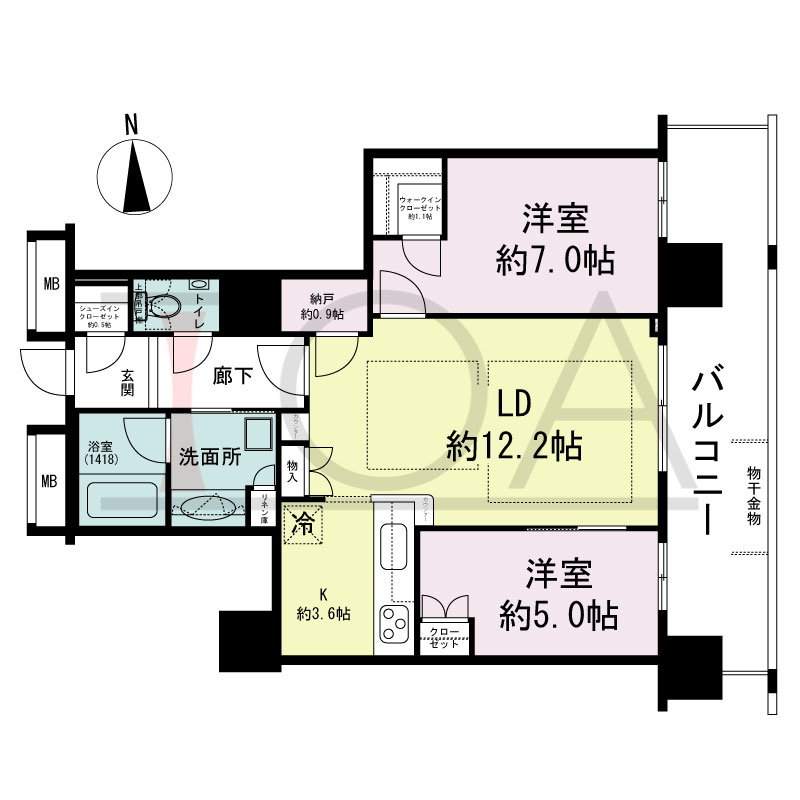 ヴィークタワー南堀江の間取り図 東向き 2LDK+WIC+SIC 専有面積65.21m2
バルコニー面積16.25m2