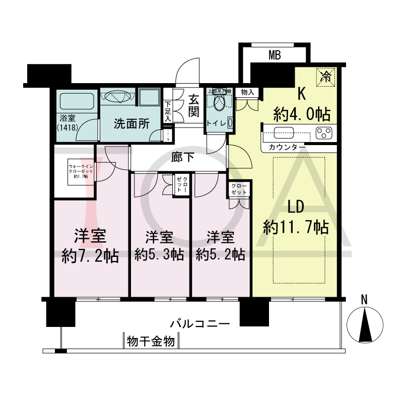 ヴィークタワー南堀江の間取り図 南向き 3LDK+WIC 専有面積75.39m2
バルコニー面積17.45m2