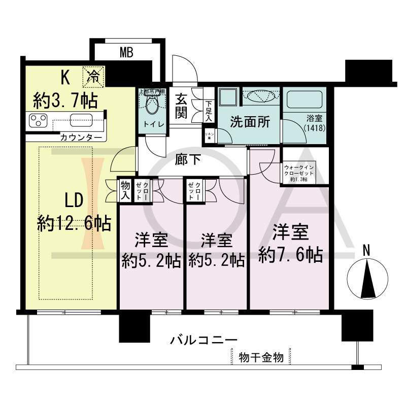 ヴィークタワー南堀江の間取り図 南向き 3LDK+WIC 専有面積76.59m2
バルコニー面積19.14m2