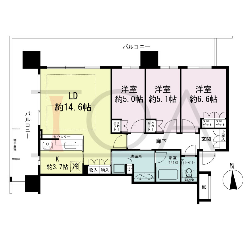 ヴィークタワー南堀江の間取り図 北西向き角 3LDK 専有面積77.59m2
バルコニー面積35.55m2