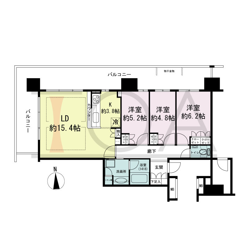 ヴィークタワー南堀江の間取り図 北西向き角 3LDK 専有面積77.92m2
バルコニー面積35.40m2