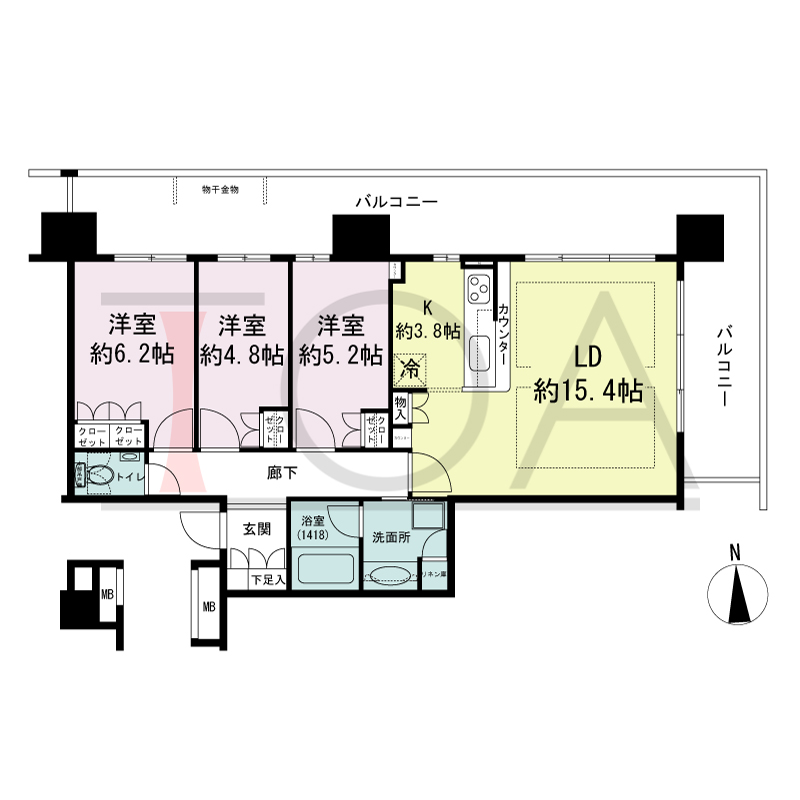 ヴィークタワー南堀江の間取り図 北東向き角 3LDK 専有面積77.92m2
バルコニー面積35.40m2