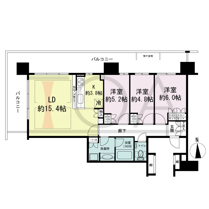 ヴィークタワー南堀江の間取り図 北西向き角 3LDK 専有面積77.92m2
バルコニー面積35.40m2