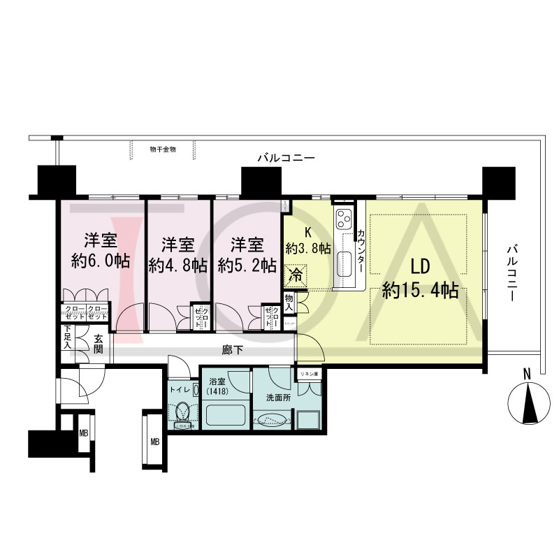 ヴィークタワー南堀江の間取り図 北東向き角 3LDK 専有面積77.92m2
バルコニー面積35.40m2