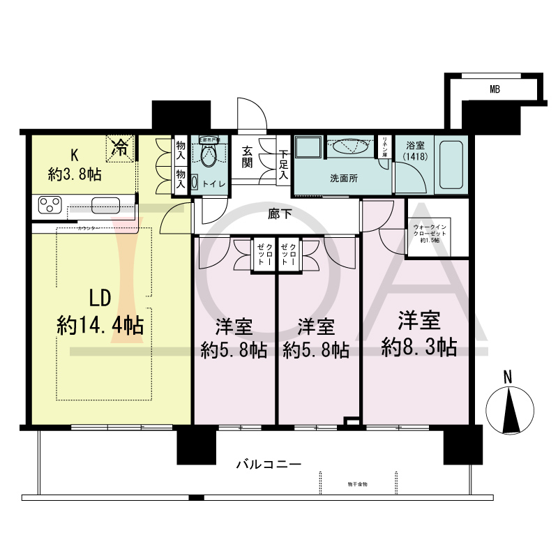 ヴィークタワー南堀江の間取り図 南向き 3LDK+WIC 専有面積82.14m2
バルコニー面積19.48m2