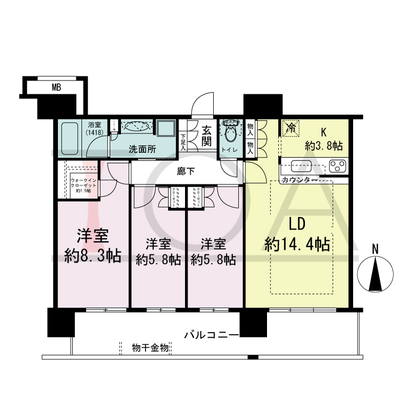 ヴィークタワー南堀江の間取り図 南向き 3LDK+WIC 専有面積82.14m2
バルコニー面積19.48m2