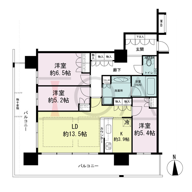 ヴィークタワー南堀江の間取り図 南西向き角 3LDK 専有面積84.27m2
バルコニー面積34.31m2