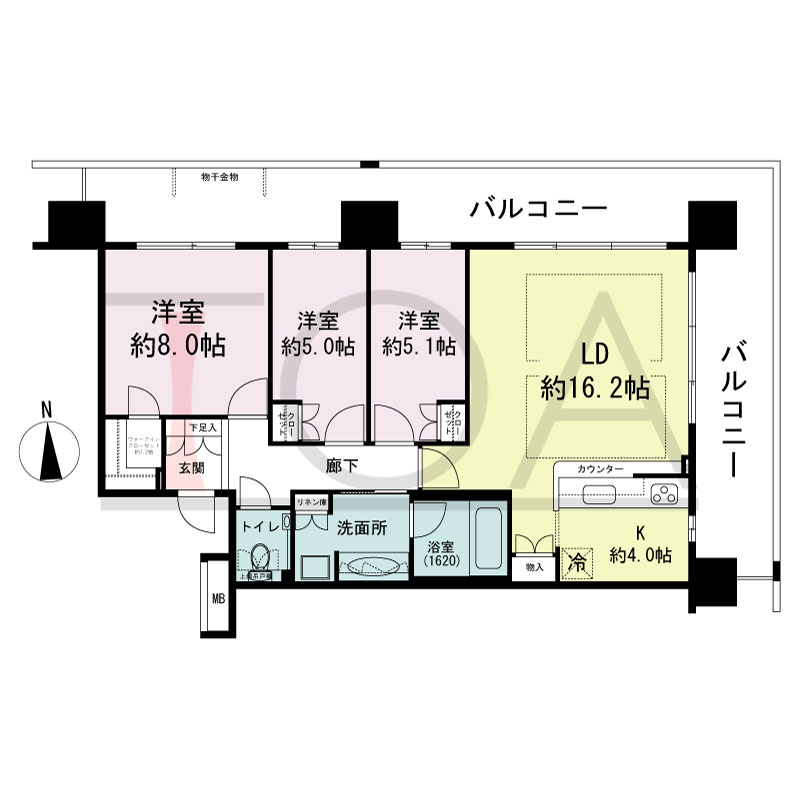 ヴィークタワー南堀江の間取り図 北東向き角 3LDK+WIC 専有面積85.12m2
バルコニー面積39.34m2