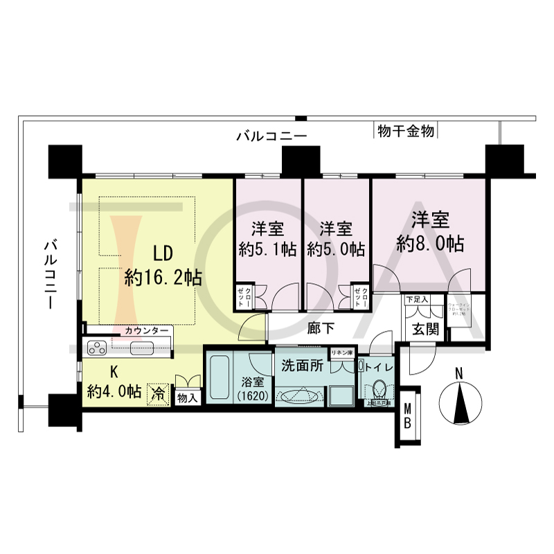 ヴィークタワー南堀江の間取り図 北西向き角 3LDK+WIC 専有面積85.12m2
バルコニー面積39.34m2