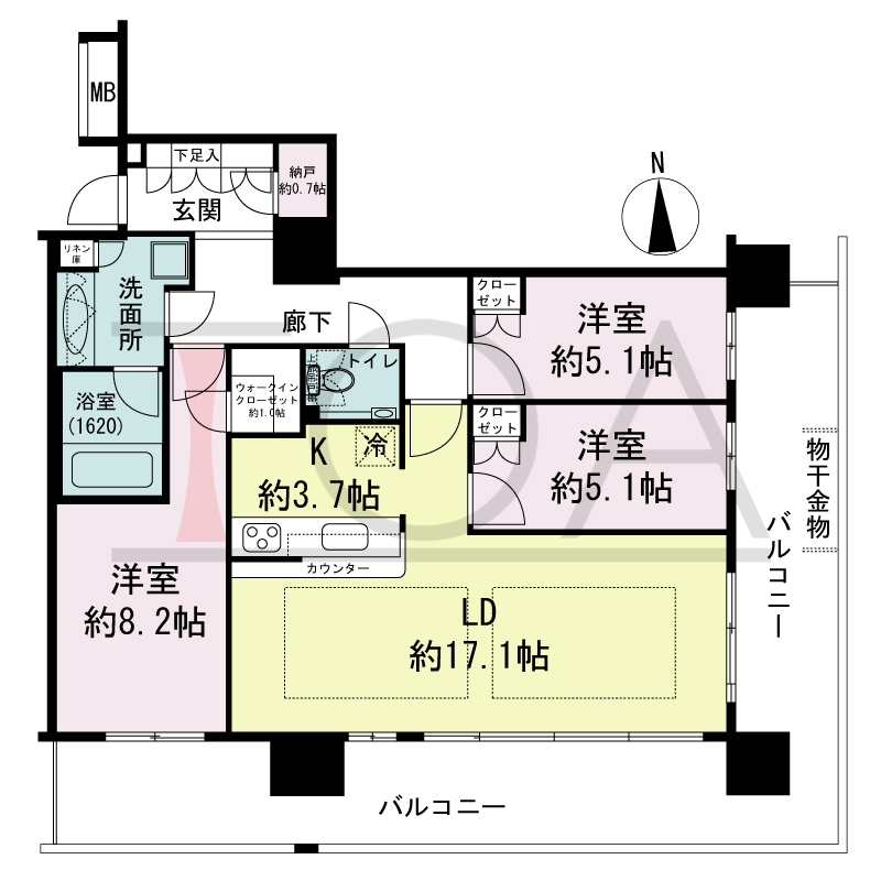 ヴィークタワー南堀江の間取り図 南東向き角 3LDK+WIC 専有面積90.14m2
バルコニー面積36.00m2