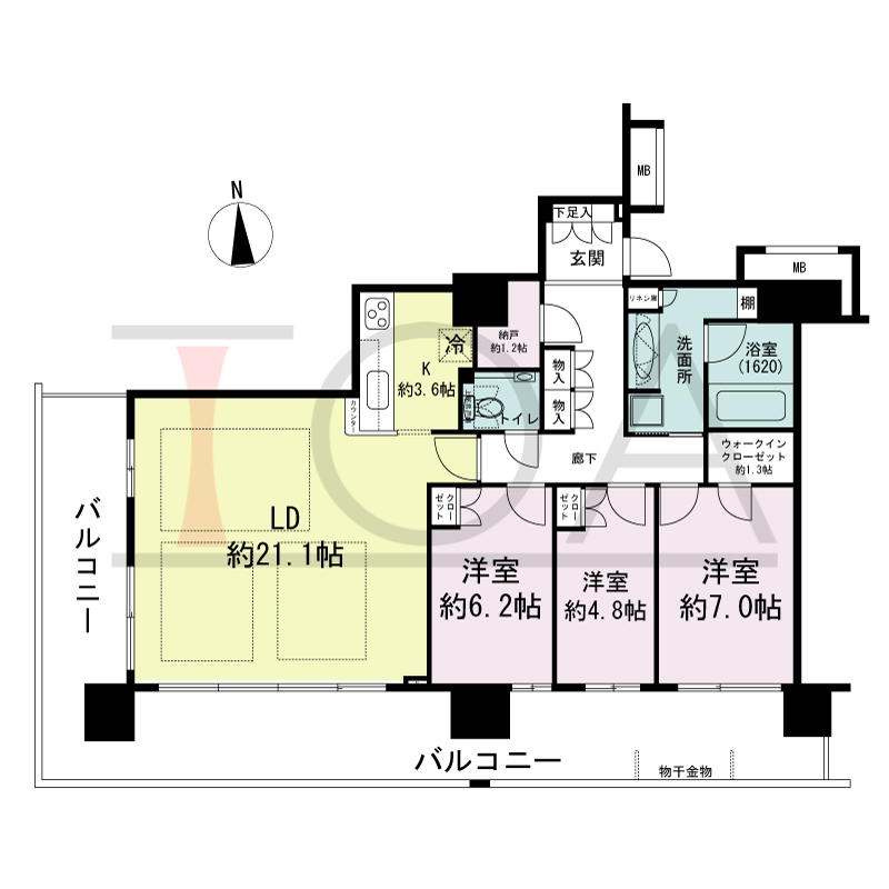 ヴィークタワー南堀江の間取り図 南西向き角 3LDK+WIC 専有面積100.11m2
バルコニー面積38.54m2