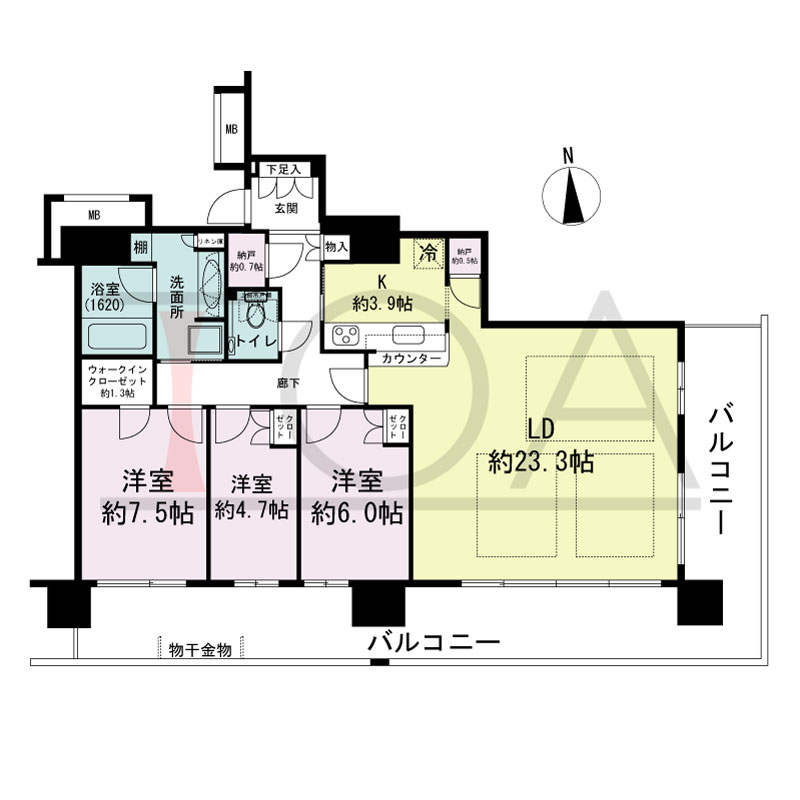 ヴィークタワー南堀江の間取り図 南東向き角 3LDK+WIC 専有面積104.17m2
バルコニー面積38.54m2