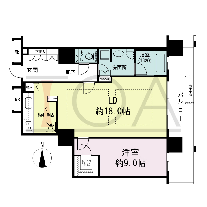 ヴィークタワー南堀江の間取り図 東向き 1LDK+WIC 専有面積75.47m2
バルコニー面積16.33m2