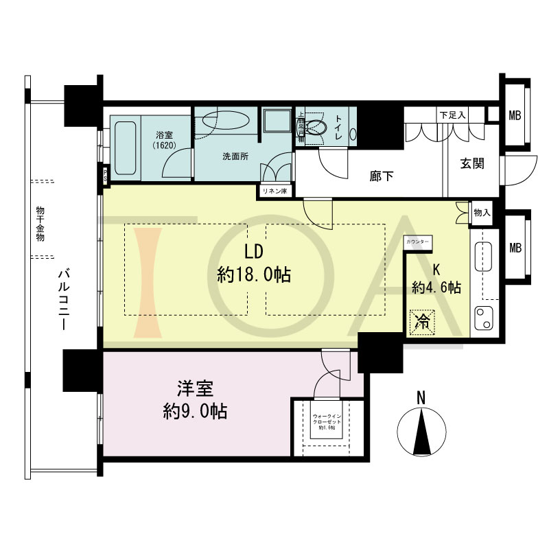 ヴィークタワー南堀江の間取り図 西向き 1LDK+WIC 専有面積75.47m2
バルコニー面積16.33m2