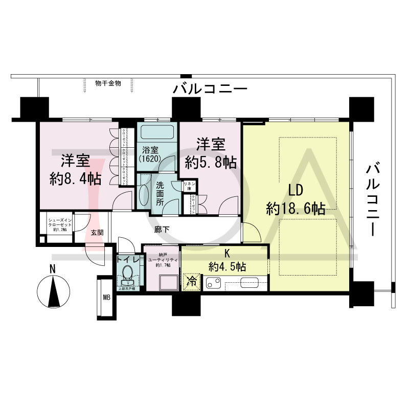 ヴィークタワー南堀江の間取り図 北東向き角 2LDK+SIC 専有面積87.20m2
バルコニー面積39.34m2