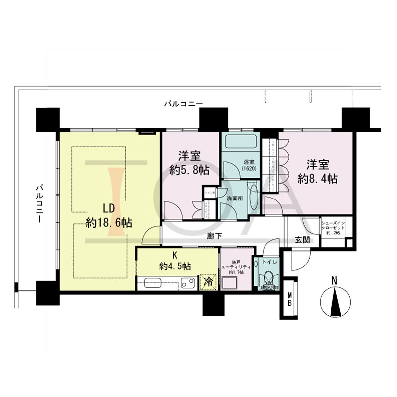 ヴィークタワー南堀江の間取り図 北西向き角 2LDK+SIC 専有面積87.20m2
バルコニー面積39.34m2