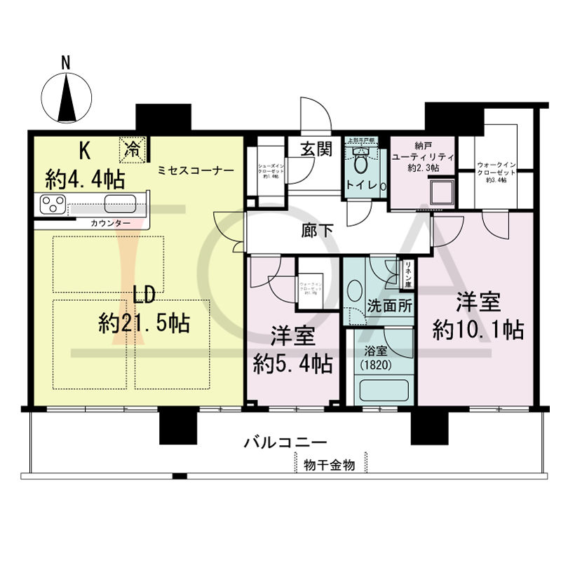 ヴィークタワー南堀江の間取り図 南向き 2LDK+WIC 専有面積98.88m2
バルコニー面積28.94m2
