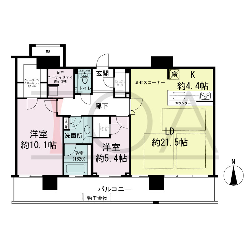 ヴィークタワー南堀江の間取り図 南向き 2LDK+WIC 専有面積98.88m2
バルコニー面積28.94m2