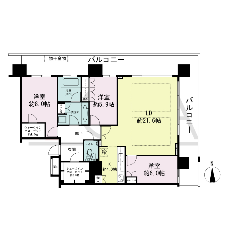 ヴィークタワー南堀江の間取り図 北東向き角 2LDK+WIC+SIC 専有面積104.84m2
バルコニー面積42.90m2
