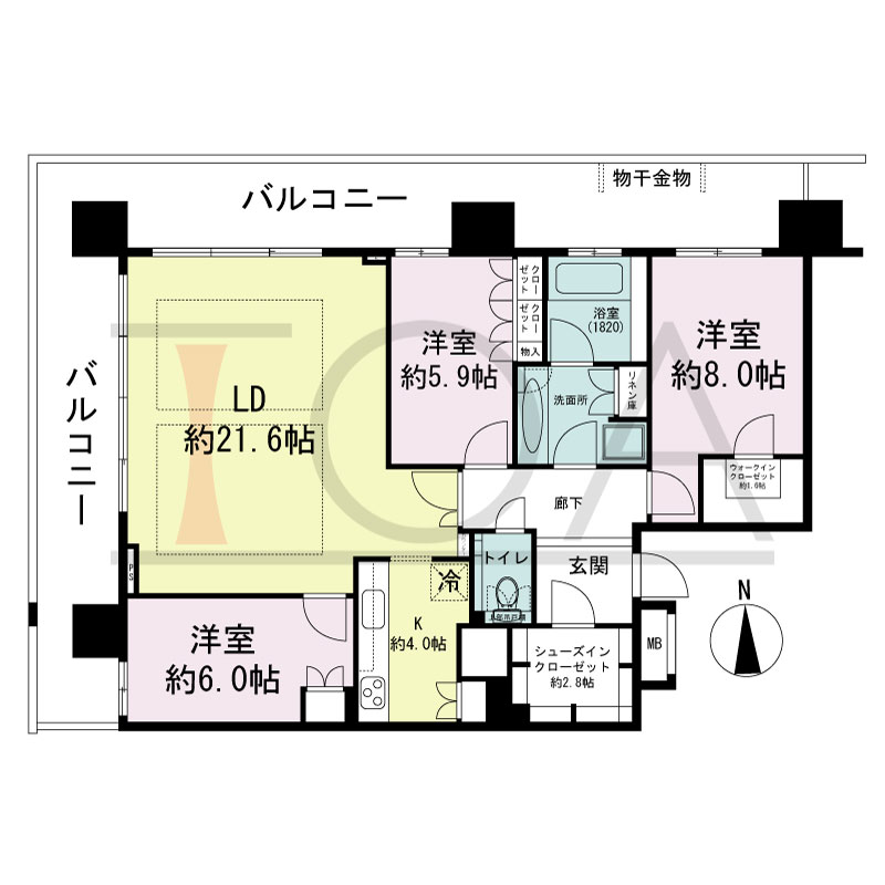 ヴィークタワー南堀江の間取り図 北西向き角 3LDK+WIC+SIC 専有面積104.84m2
バルコニー面積42.90m2