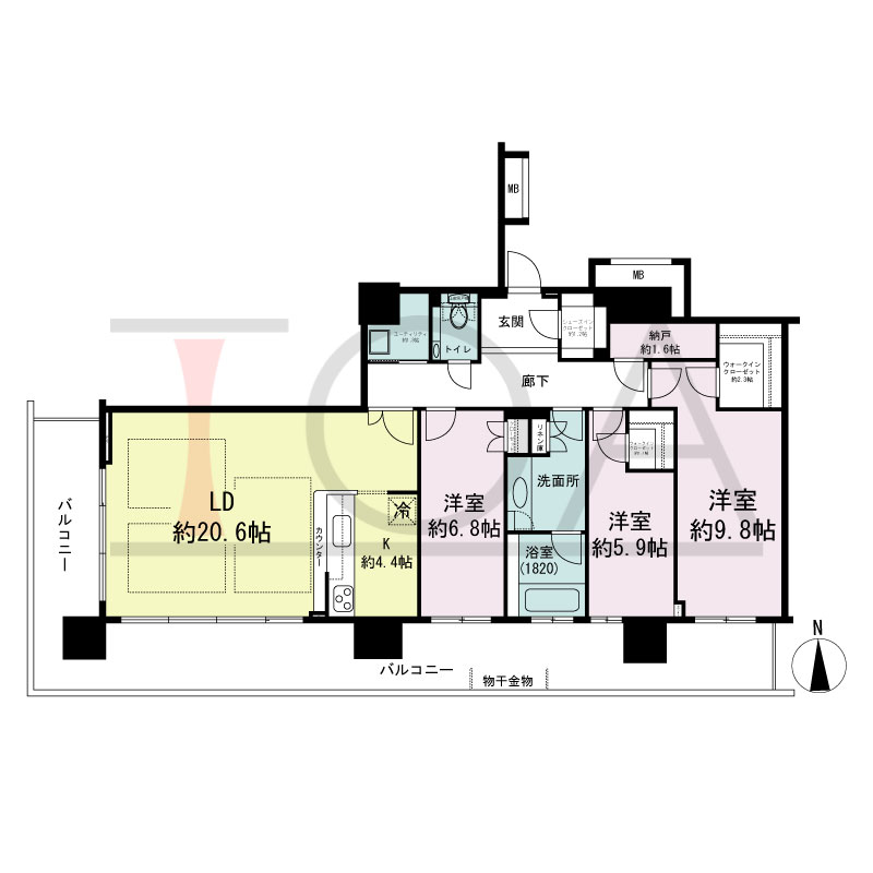 ヴィークタワー南堀江の間取り図 南西向き角 3LDK+WIC+SIC 専有面積115.50m2
バルコニー面積41.89m2
