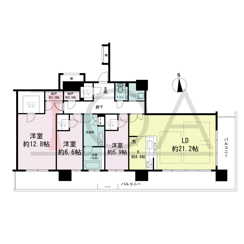 ヴィークタワー南堀江の間取り図 南東向き角 3LDK+WIC+SIC 専有面積125.86m2
バルコニー面積45.27m2