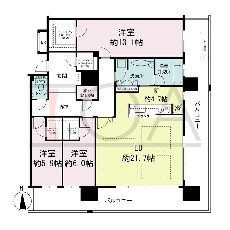 ヴィークタワー南堀江の間取り図 南東向き角 3LDK+WIC+SIC 専有面積128.73m2
バルコニー面積44.50m2