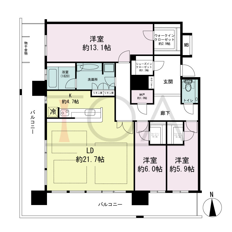 ヴィークタワー南堀江の間取り図 南西向き角 3LDK+WIC+SIC 専有面積128.73m2
バルコニー面積44.50m2